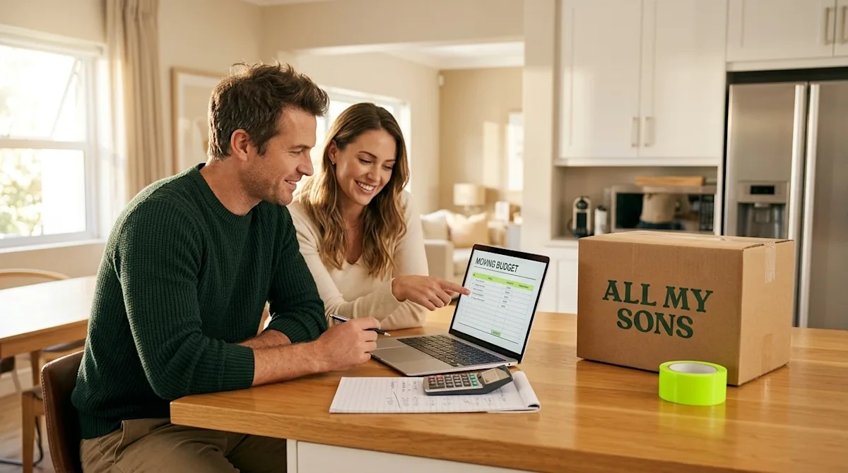 Professional marketing photography of a couple sitting at a bright, warm-toned wood kitchen island, reviewing moving costs an