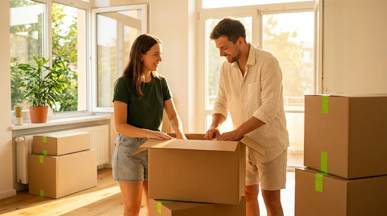 Authentic, bright lifestyle photography of a stress-free summer move. Inside a sunlit, airy home with warm golden hour lighti