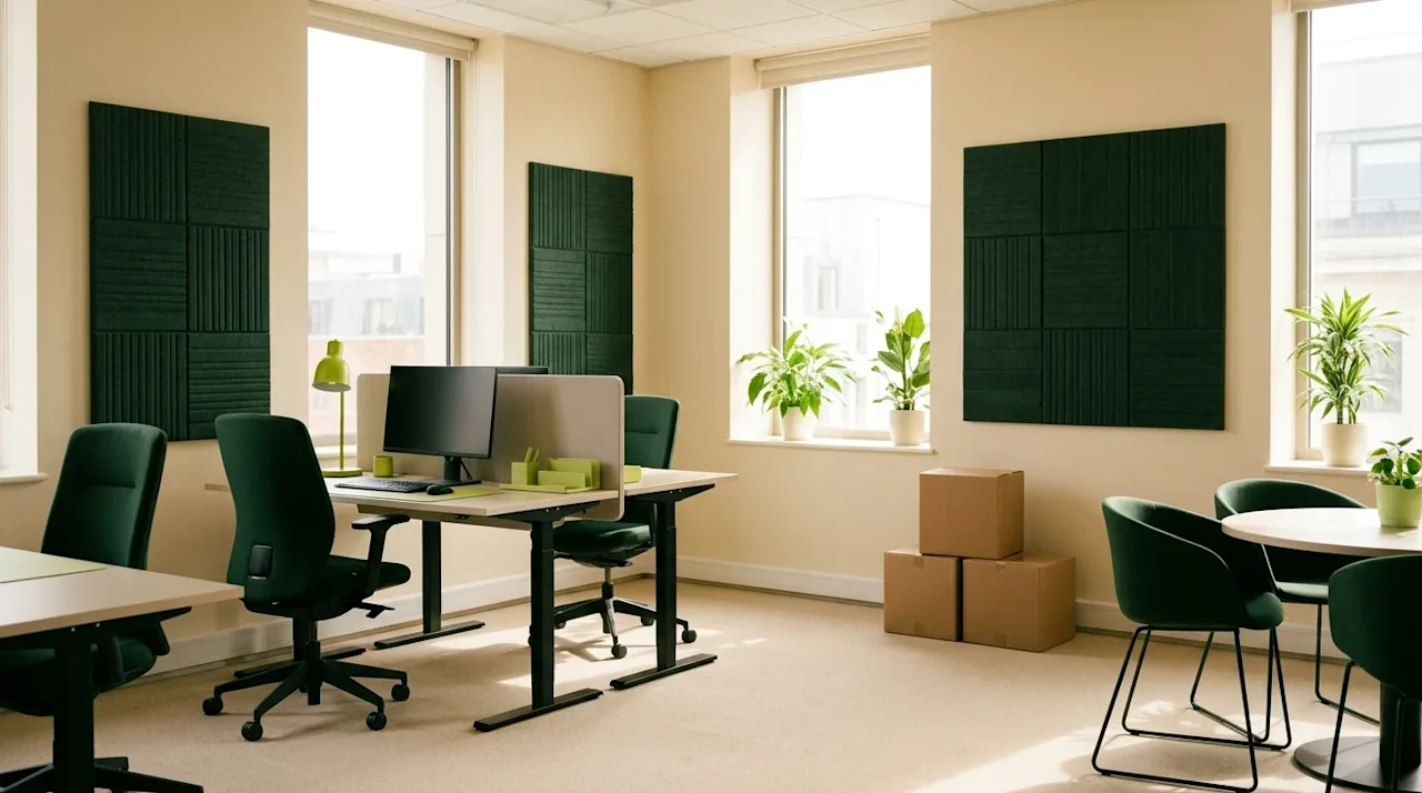 Architectural interior photography of a trending, beautifully designed modern office space. The room features a warm cream an