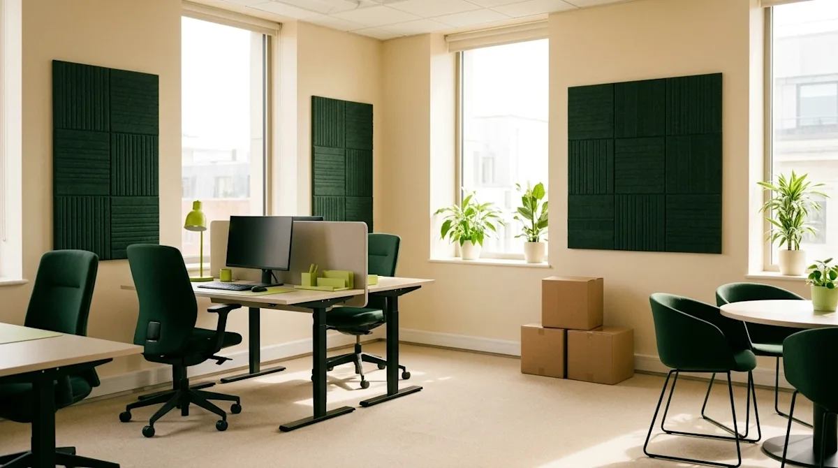 Architectural interior photography of a trending, beautifully designed modern office space. The room features a warm cream an