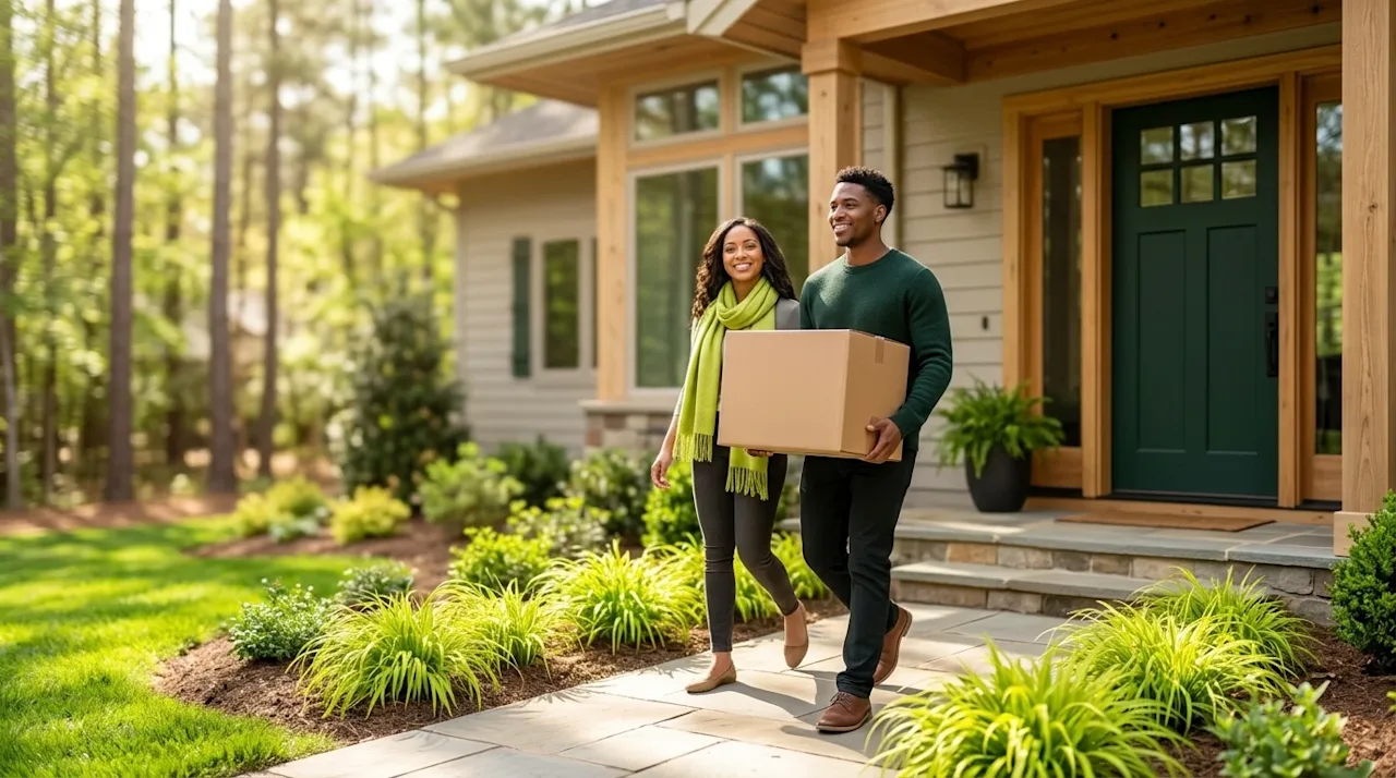Clear, high-end professional marketing photography. A happy young professional couple moving into a beautiful, modern home ne