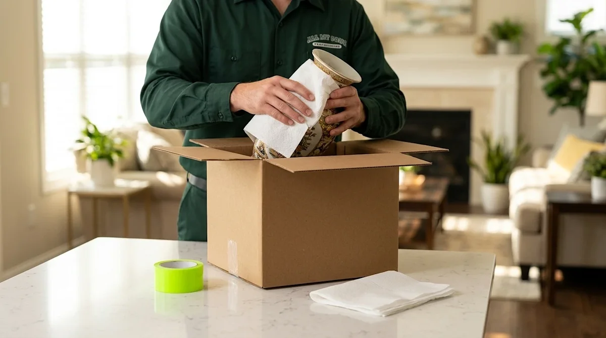 Professional marketing photography of an expert moving professional carefully packing items in a well-lit, welcoming home int