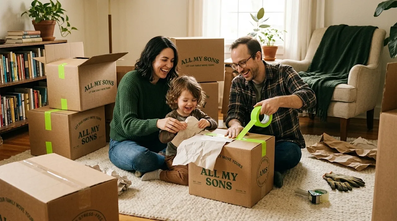 Candid lifestyle photography of a family happily building an imaginative play fort out of leftover moving boxes in a warmly l