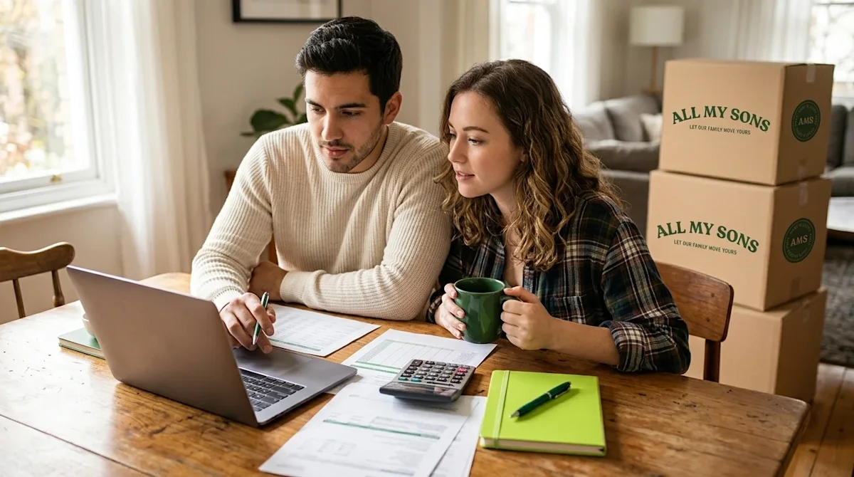 Photorealistic lifestyle photography of a young couple sitting at a warm wooden dining table in a sunlit home, carefully revi