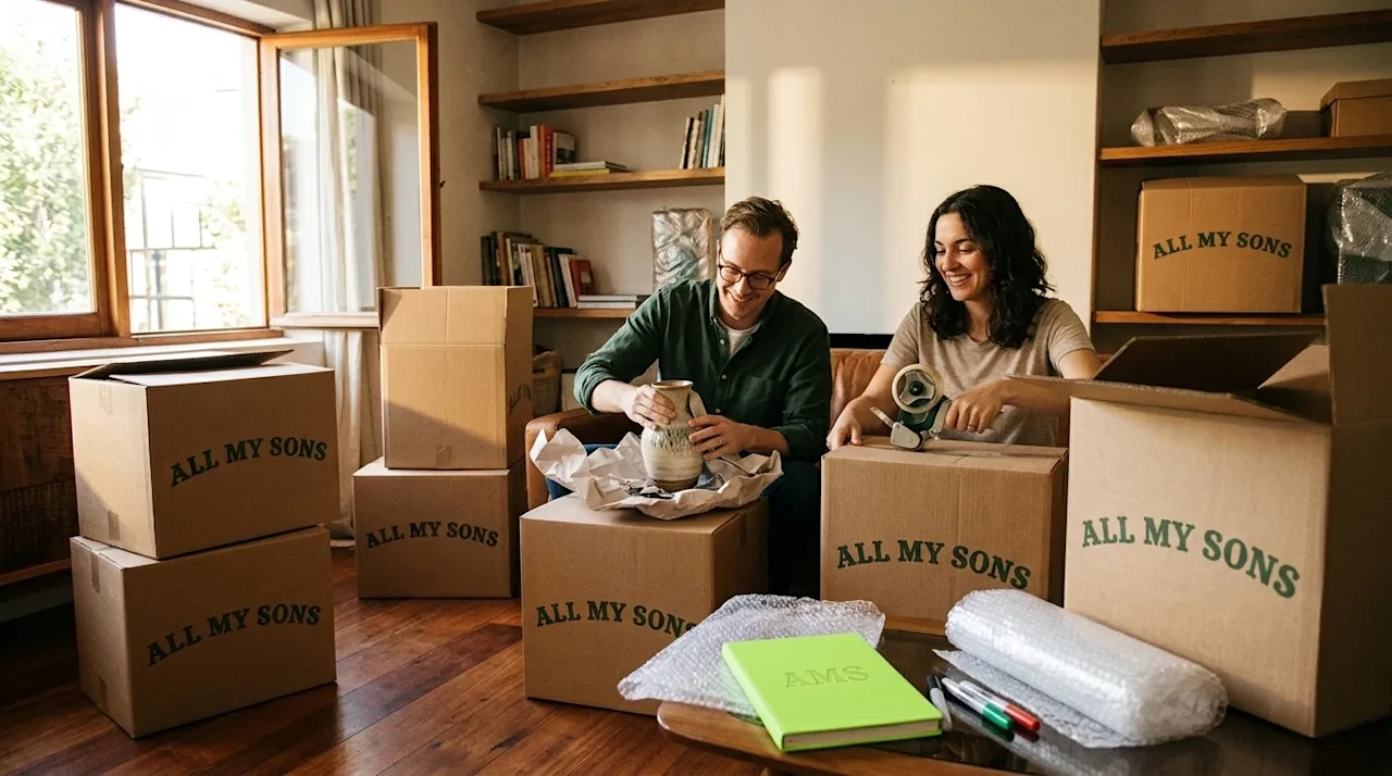 A candid, warm 35mm film style photograph of a smiling, relaxed couple packing up their cozy living room for a move. The scen