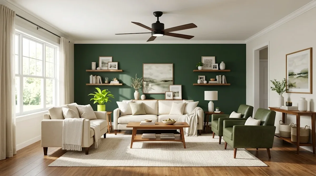 Professional marketing photography of a beautifully decorated, warm, and inviting modern living room where a sleek, stylish c