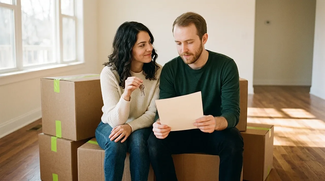 Photorealistic lifestyle photography of a thoughtful young couple sitting on neatly stacked cardboard moving boxes in an empt