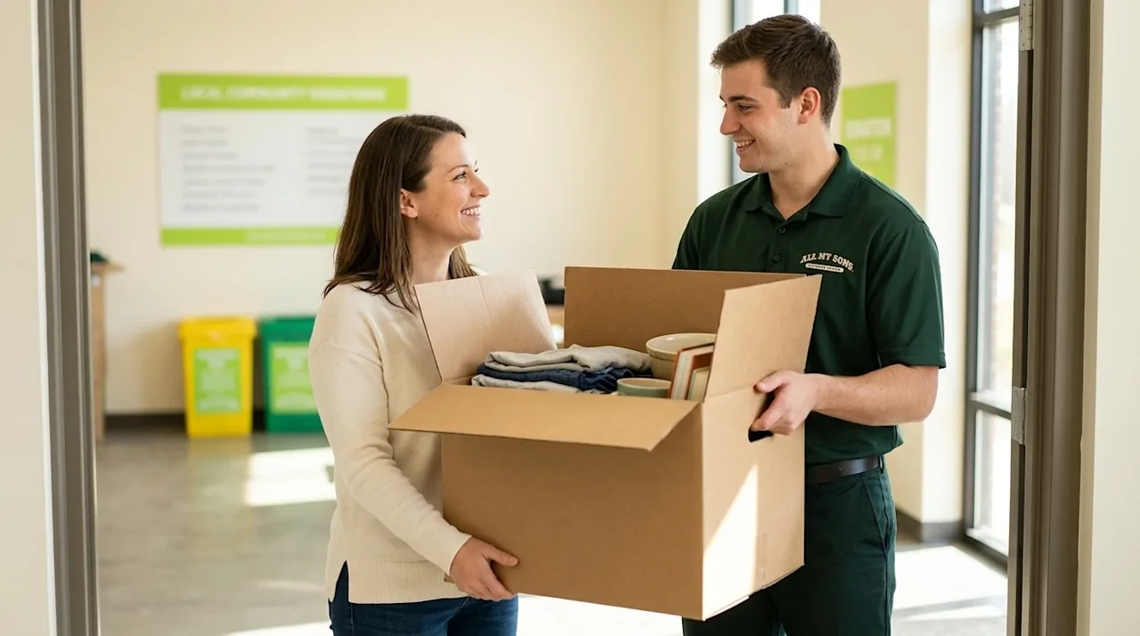 Professional lifestyle marketing photography of a friendly professional mover wearing a dark forest green uniform shirt, help