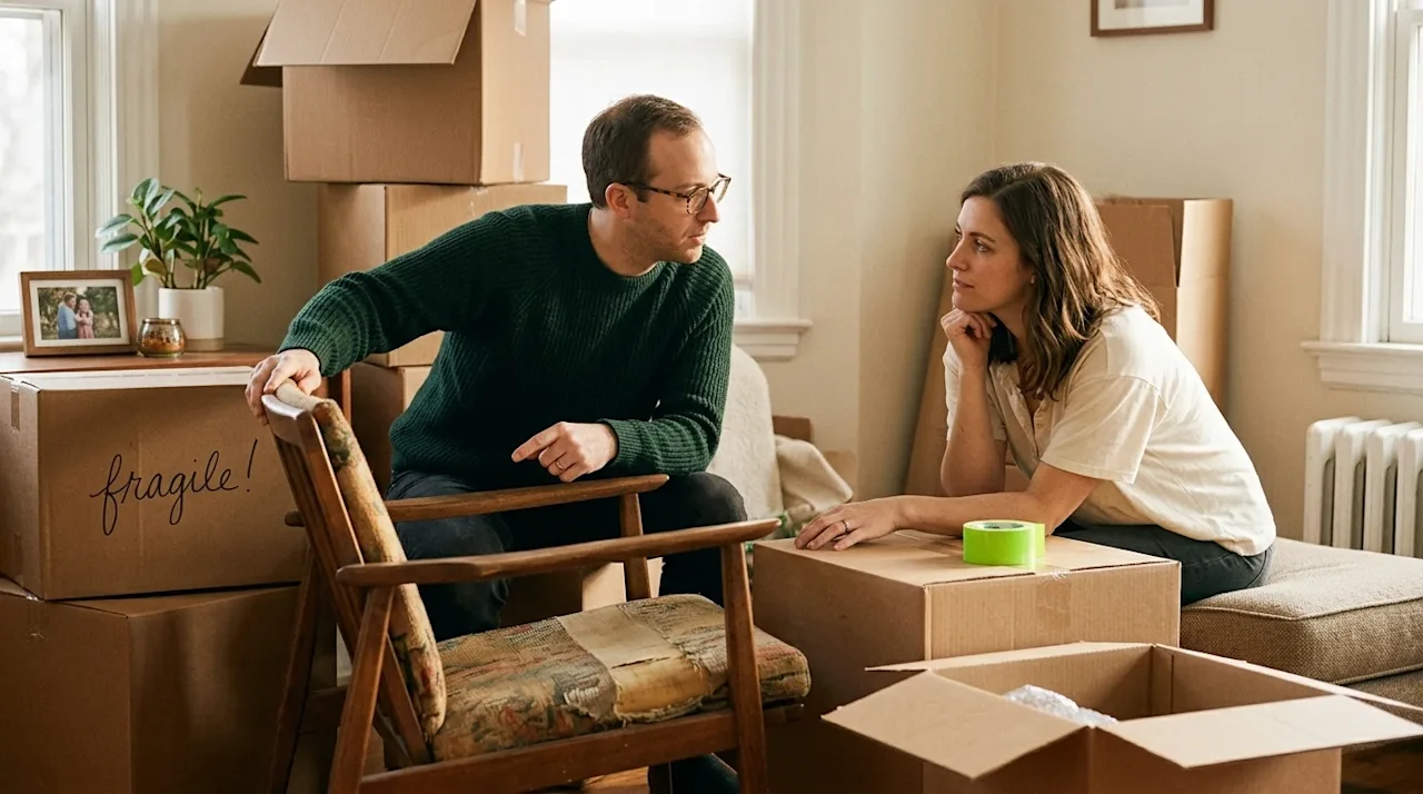 A candid, authentic 35mm film-style lifestyle photograph of a couple in a warmly lit living room, engaged in a thoughtful con
