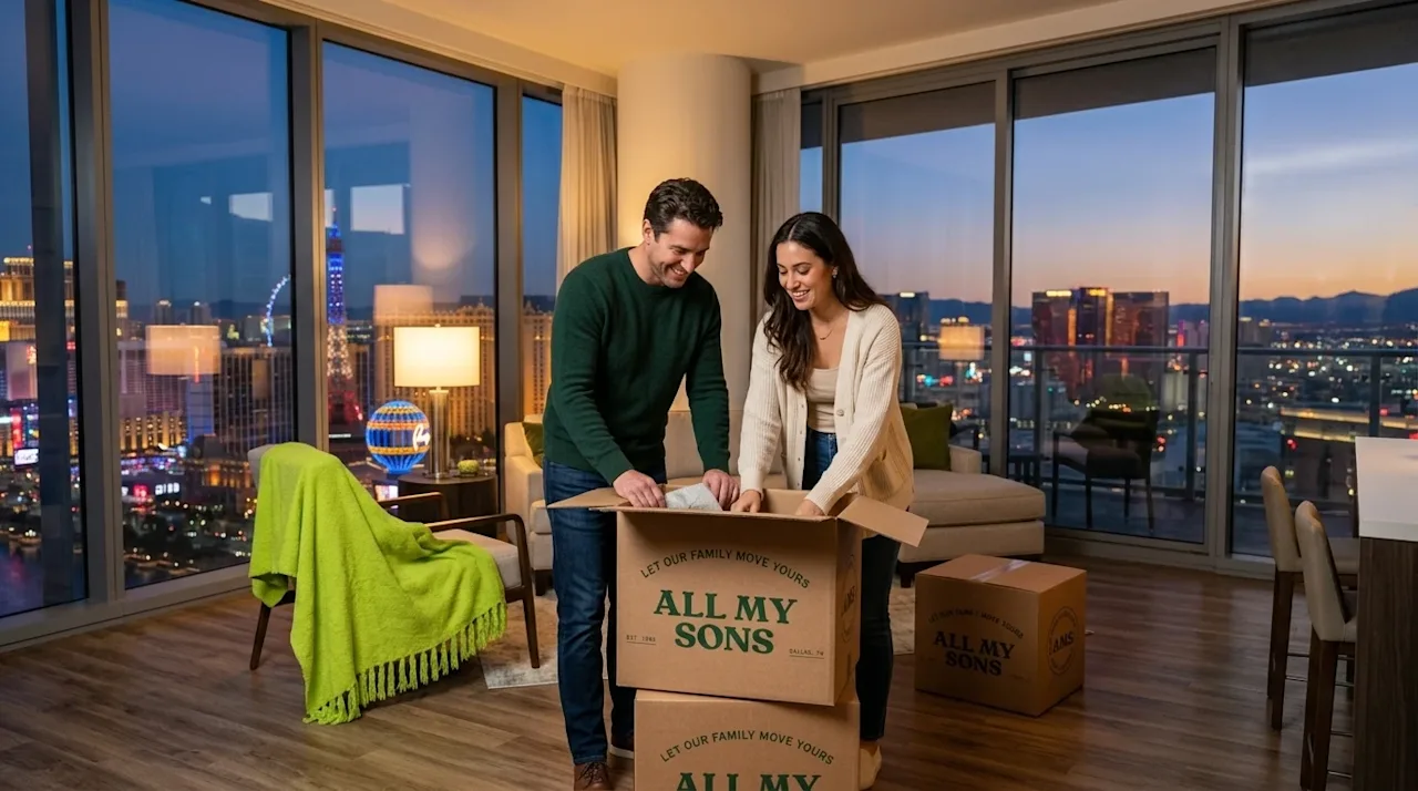 Professional marketing photography of a happy couple unpacking a cardboard moving box in their new, modern high-rise apartmen