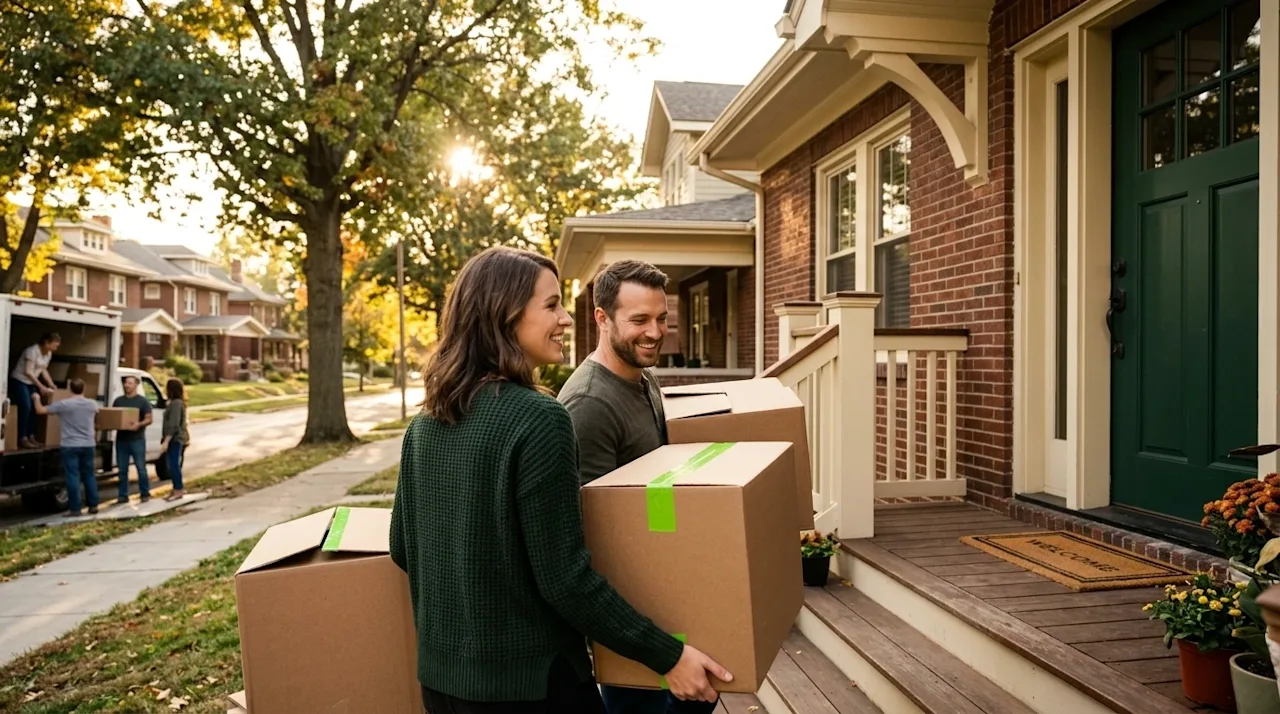 A candid, high-quality lifestyle photograph capturing the welcoming culture and DNA of Omaha, featuring a happy couple carryi