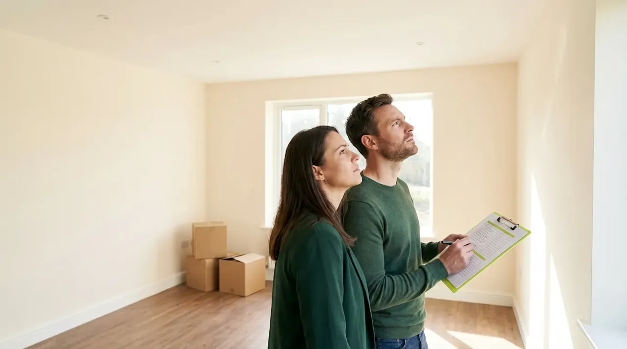 Couple using a clipboard checklist to inspect an empty home and avoid moving mistakes.