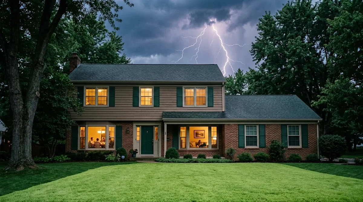 Authentic, high-quality photography of a sturdy, cozy residential family home at twilight, facing an approaching dramatic thu