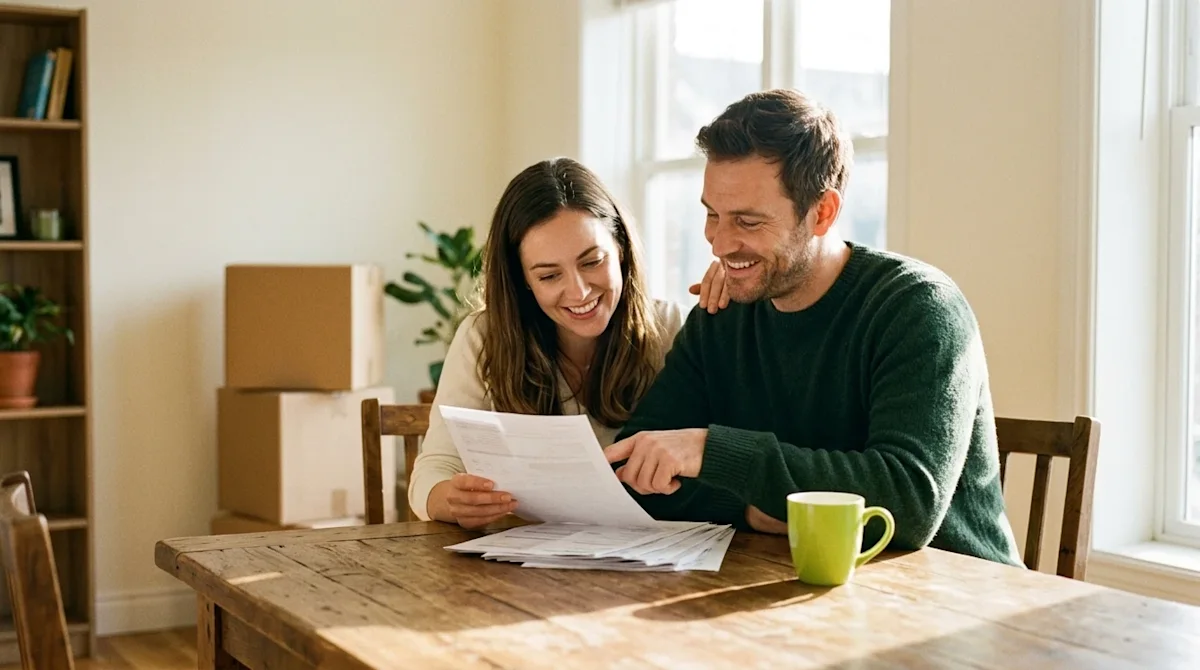 Candid, 35mm film-style lifestyle photography of a relaxed, smiling couple sitting at a wooden dining table in their bright,
