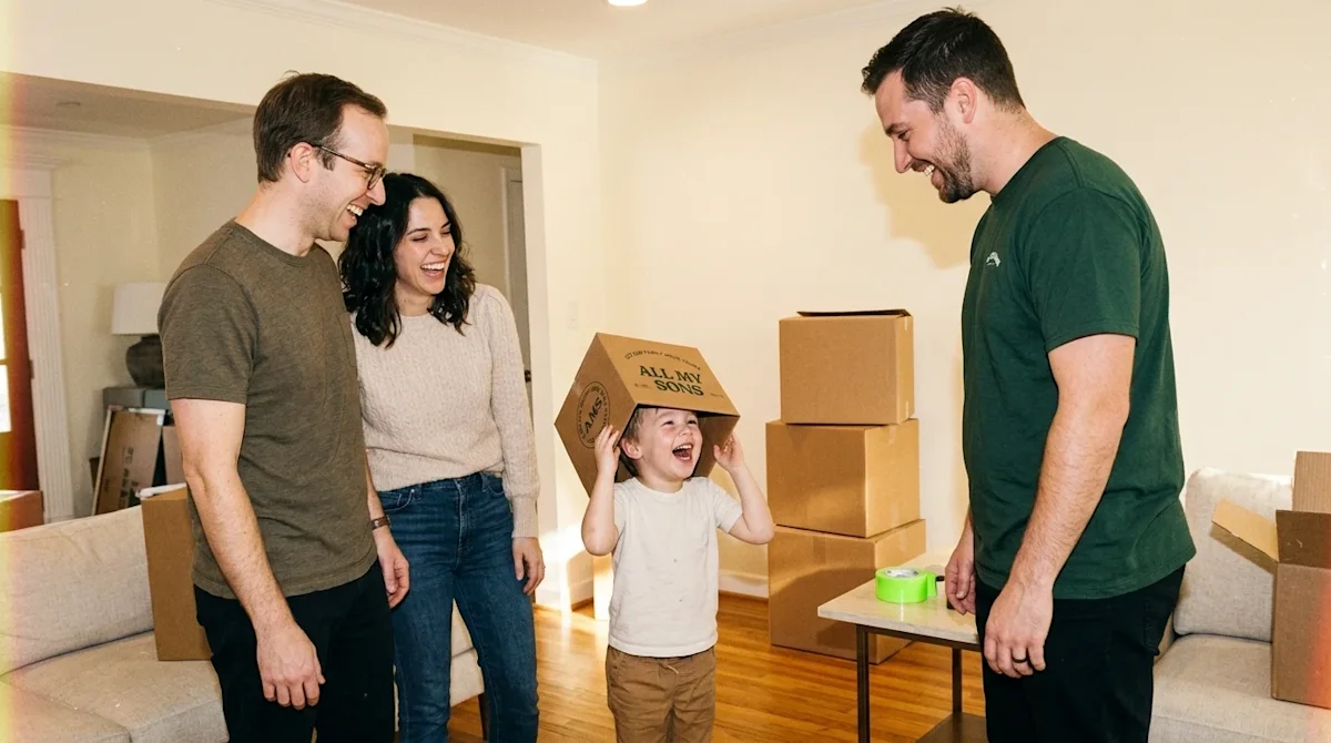 Candid 35mm film photography of a joyful family and a friendly mover sharing a lighthearted, fun moment during a move inside