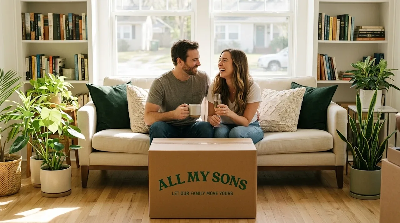 A candid, high-quality editorial lifestyle photograph of a happy, relaxed couple in a bright, sunlit Jacksonville, Florida li