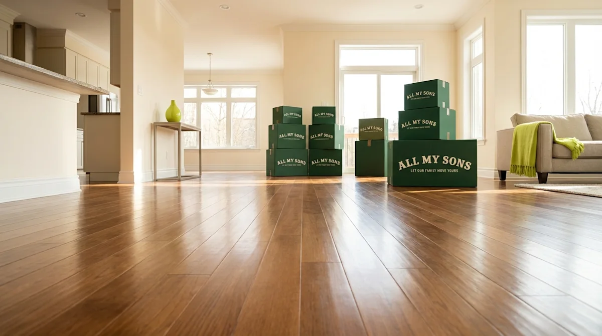 Polished hardwood floors in a bright, upscale living room with branded green moving boxes for a home relocation.
