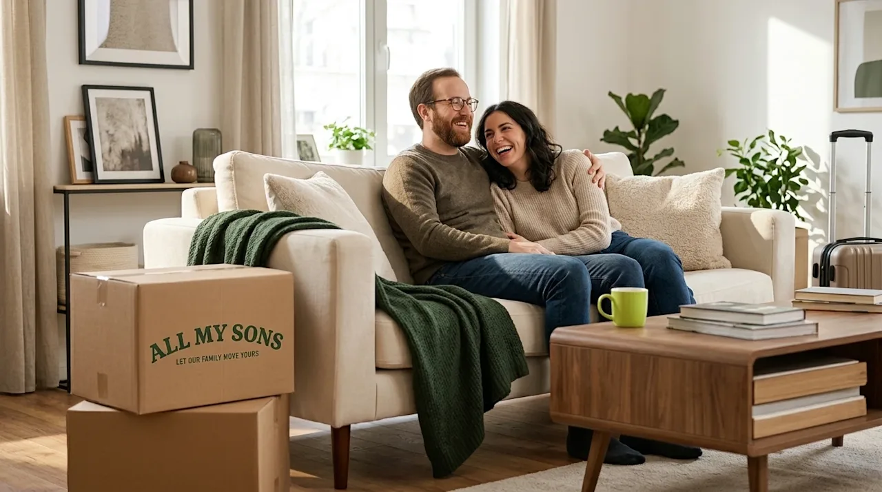 Professional marketing photography of a relaxed, happy couple sitting together on a cream-colored sofa in a bright, cozy, ful