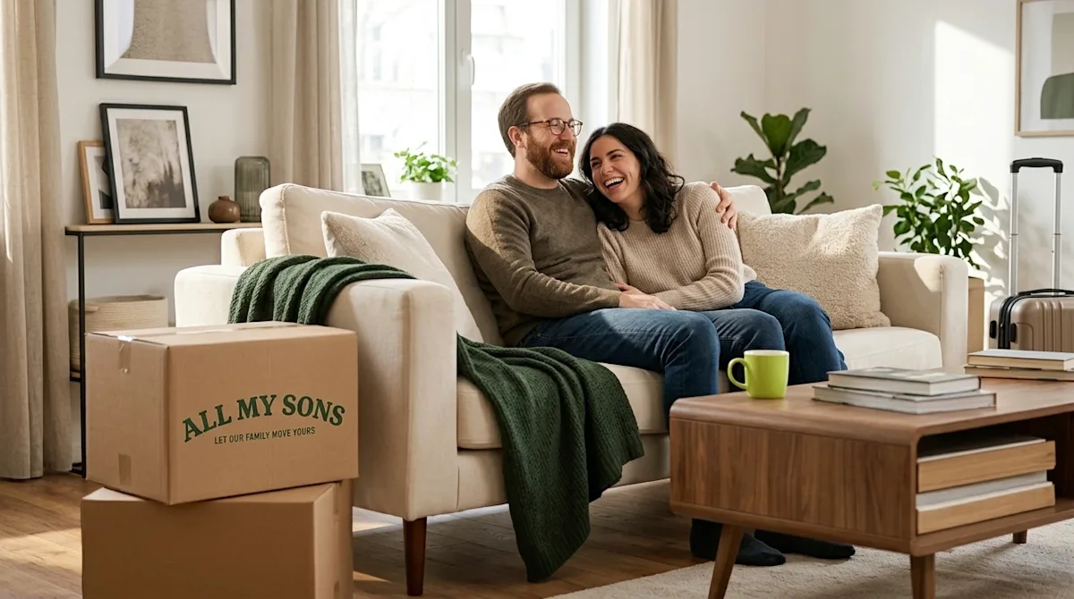 Professional marketing photography of a relaxed, happy couple sitting together on a cream-colored sofa in a bright, cozy, ful