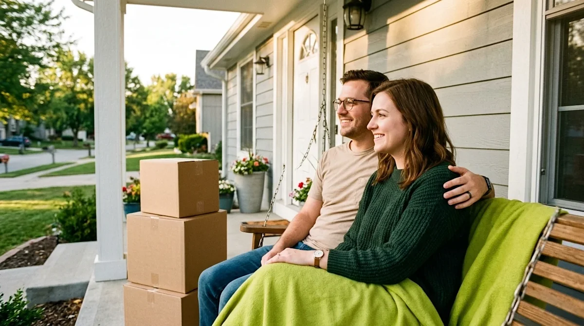 High-quality lifestyle photography of a happy couple relaxing on the front porch of their charming new suburban home after a