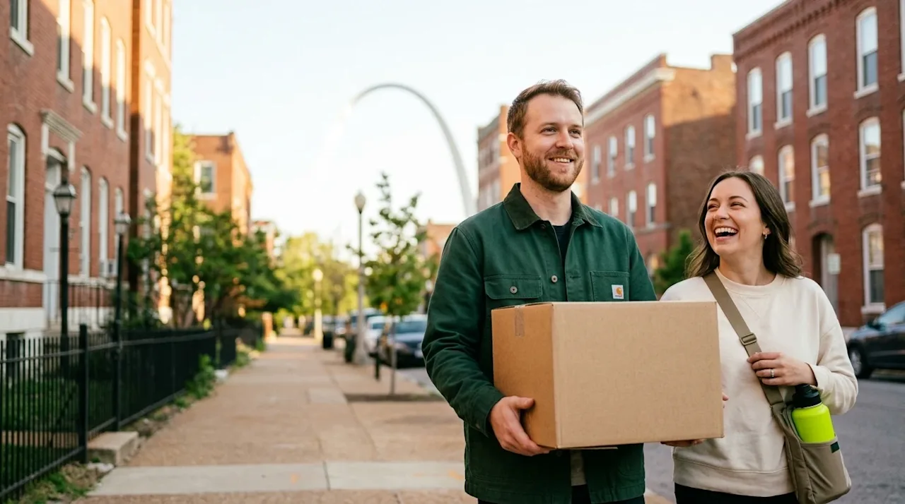 A candid, high-quality lifestyle photograph of a cheerful couple exploring their new neighborhood in St. Louis, carrying a pl