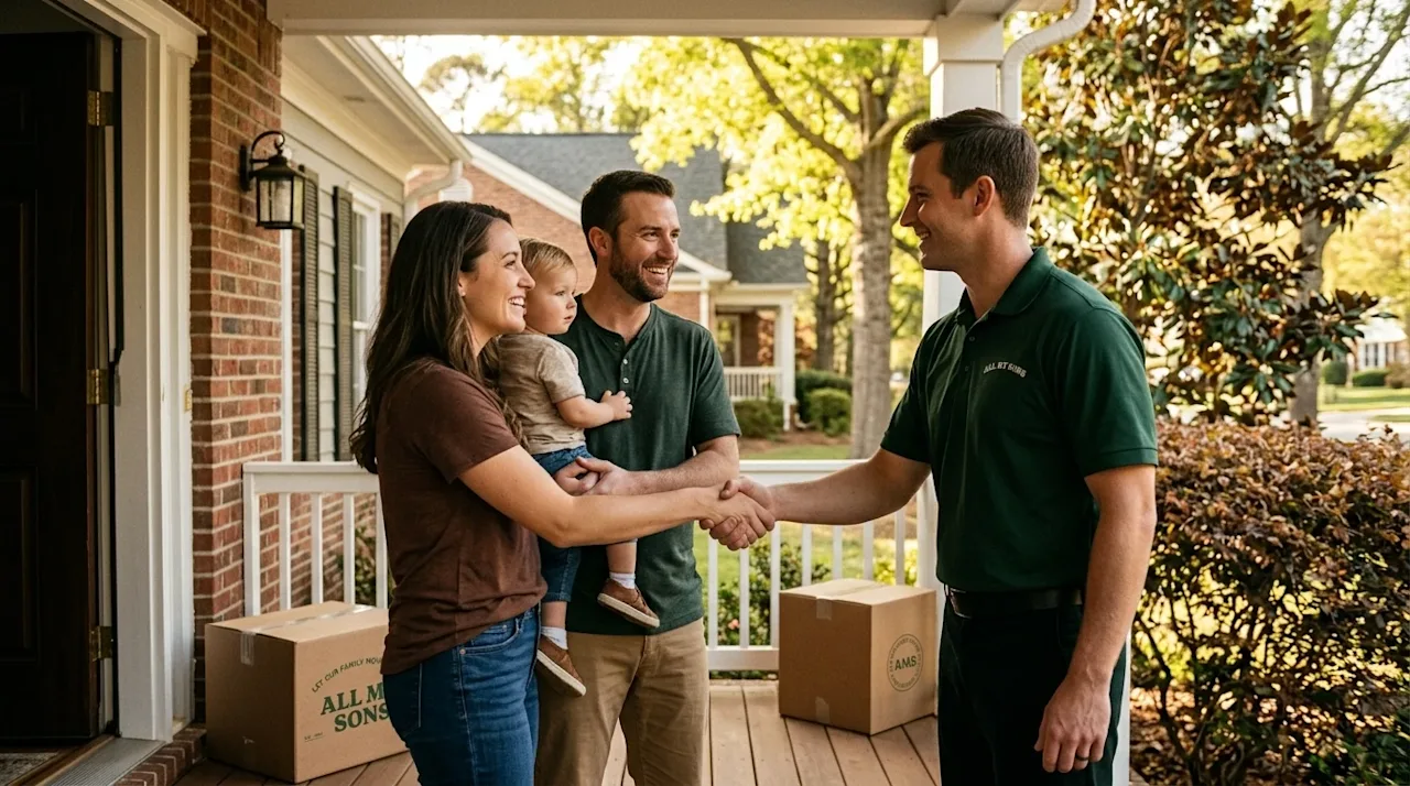 Professional marketing photography of a joyful, relieved family warmly shaking hands with a friendly, professional mover on t