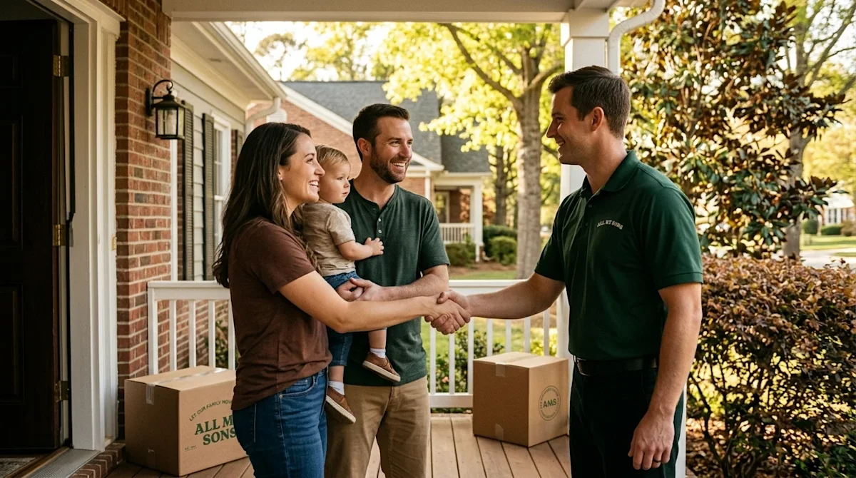 Professional marketing photography of a joyful, relieved family warmly shaking hands with a friendly, professional mover on t