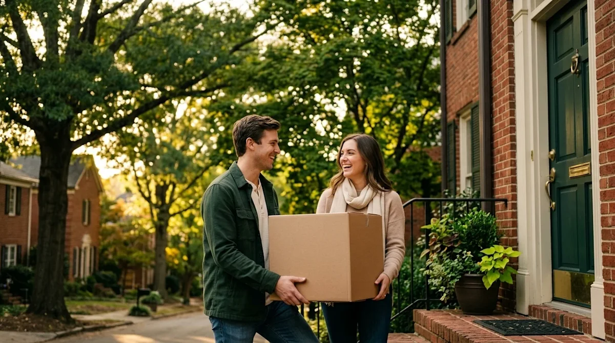 Candid lifestyle photography of a stylish young professional couple in their late twenties moving into a new home in a vibran