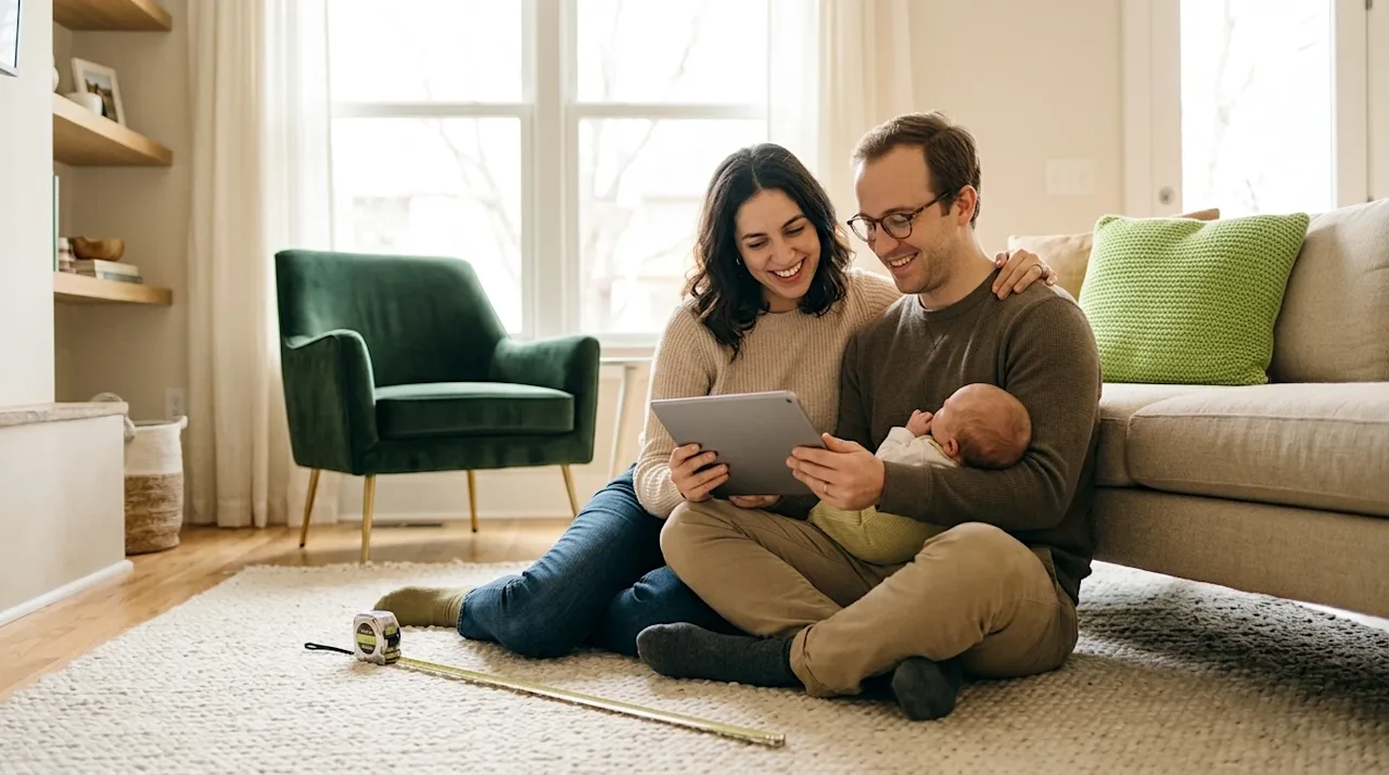 High-quality lifestyle photography of a smiling young couple sitting on a textured cream-colored rug in a brightly lit, cozy