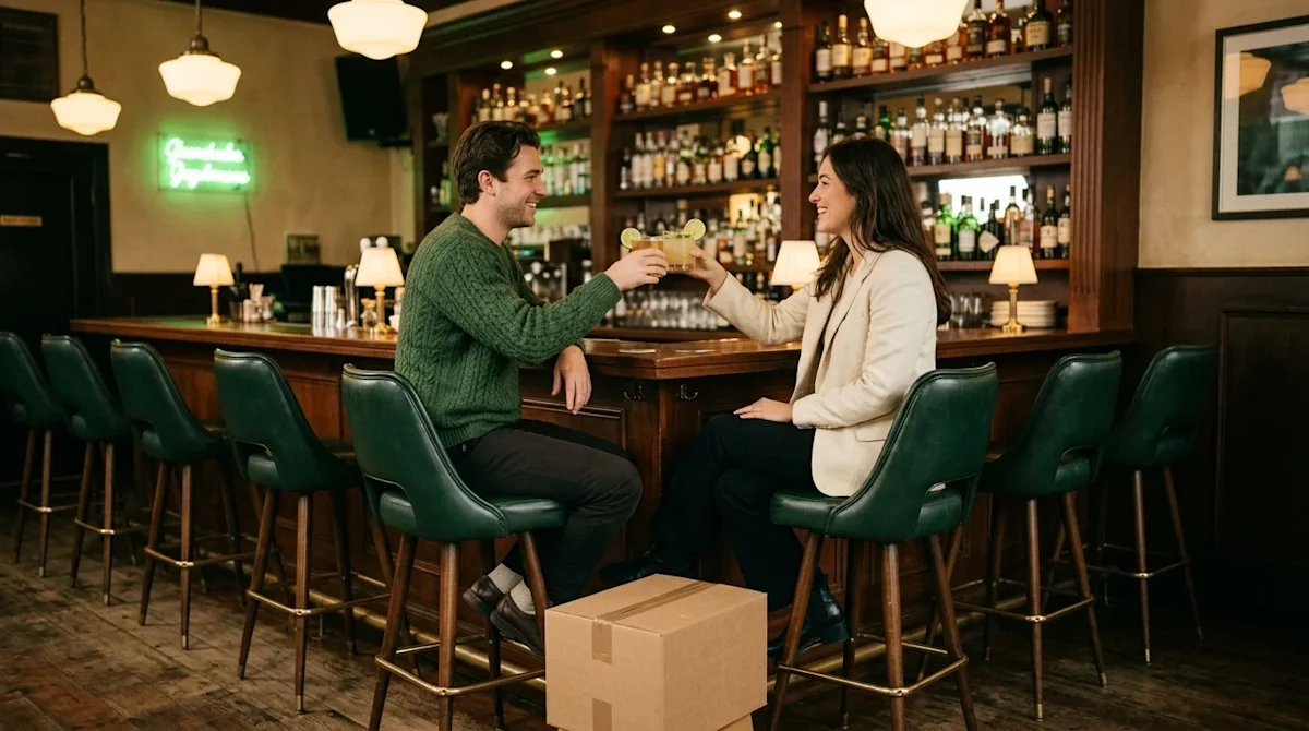 A warm, inviting lifestyle photograph of a stylish, classic bar interior, capturing a celebratory post-move drink. Two friend
