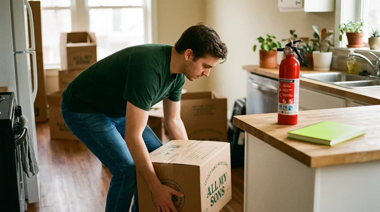 A candid, realistic lifestyle photograph of a young adult renter in a newly leased apartment, demonstrating safety by careful