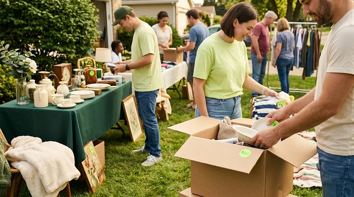 A high-quality, authentic lifestyle photograph of a lively neighborhood yard sale on a sunny weekend afternoon. Several peopl