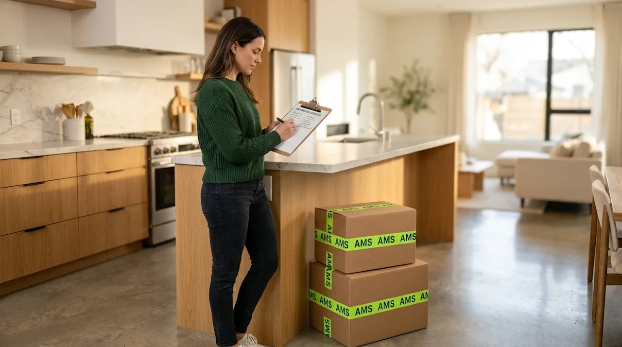 Professional marketing photography of a brightly lit, modern home interior illustrating the early stages of moving preparatio