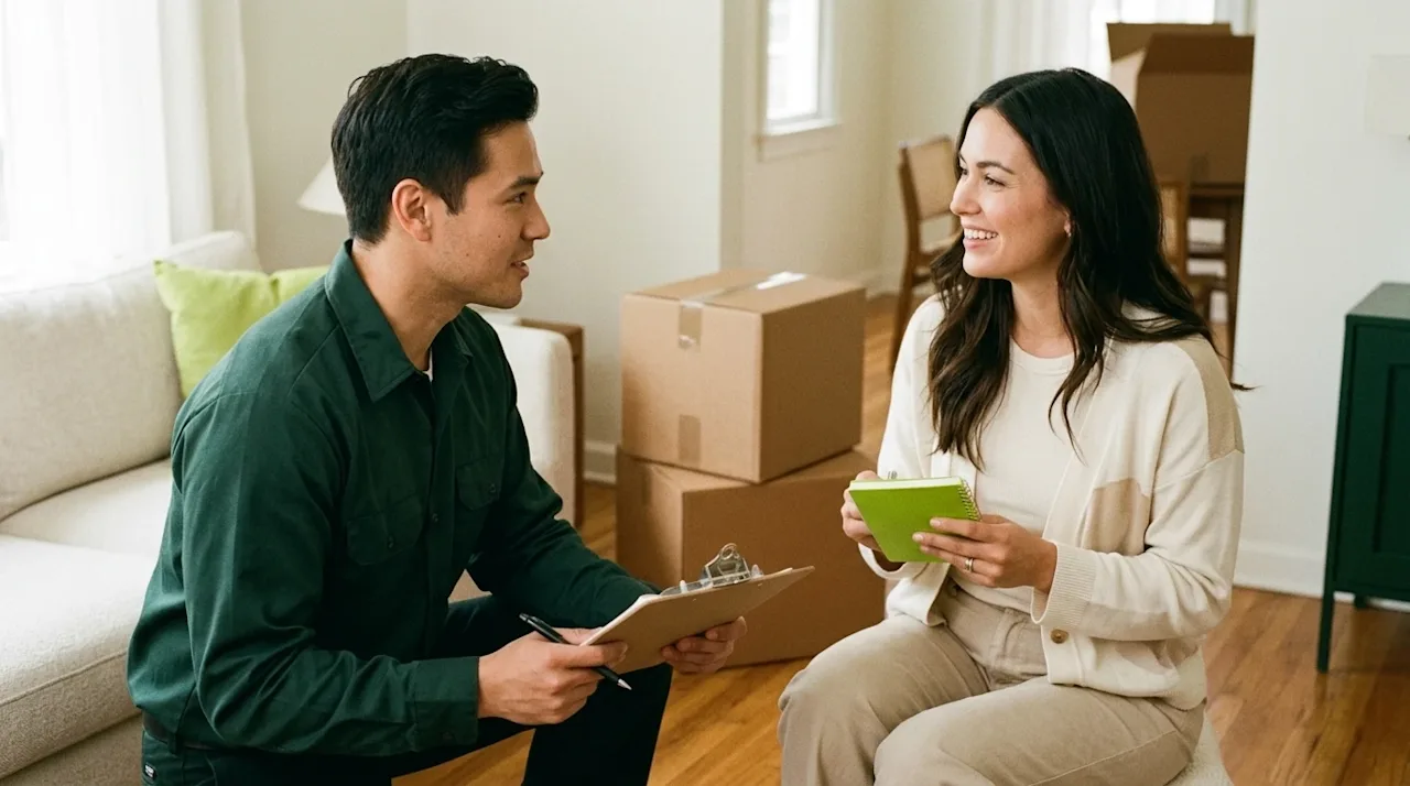 A candid, warm, 35mm film-style lifestyle photograph of a professional moving expert and a homeowner having a friendly, reass