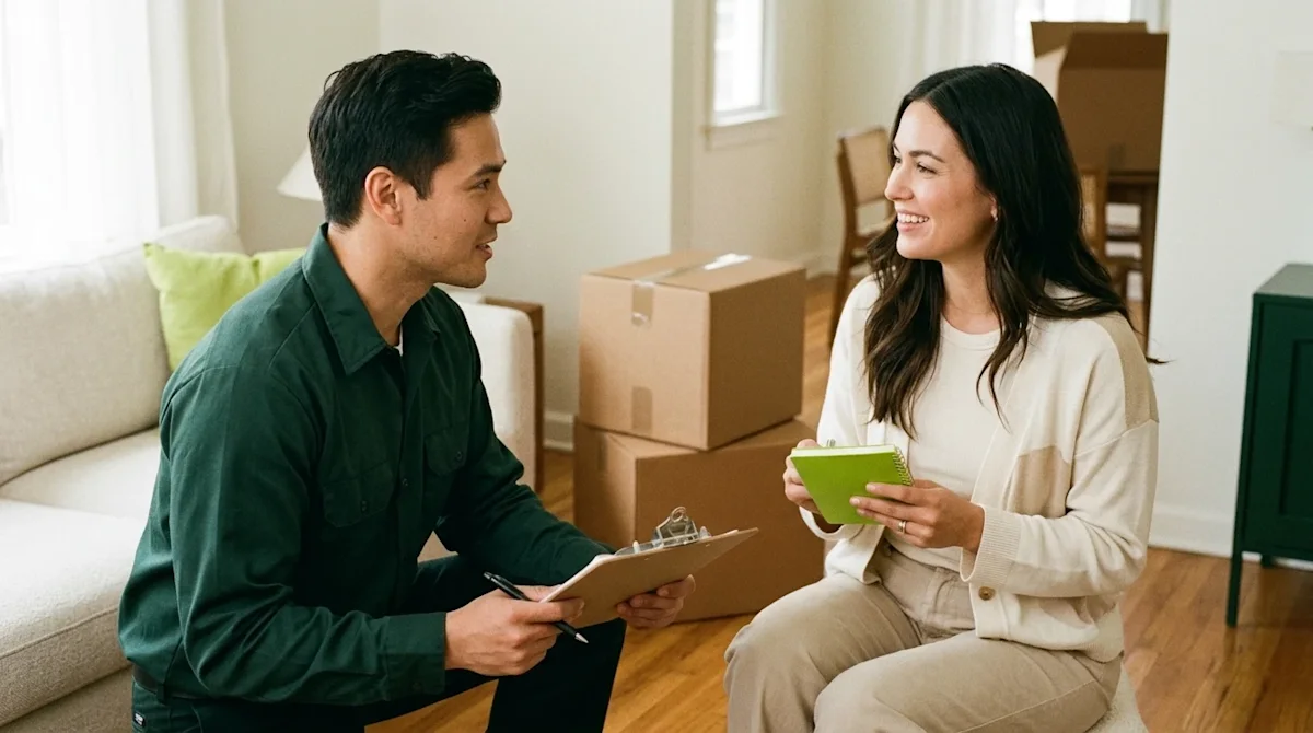 A candid, warm, 35mm film-style lifestyle photograph of a professional moving expert and a homeowner having a friendly, reass