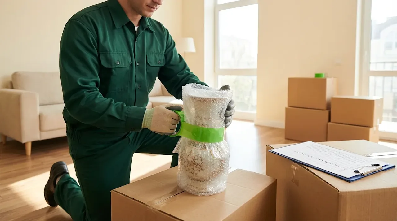 Professional mover in dark green packing a fragile vase with bubble wrap and a safety checklist on a box.