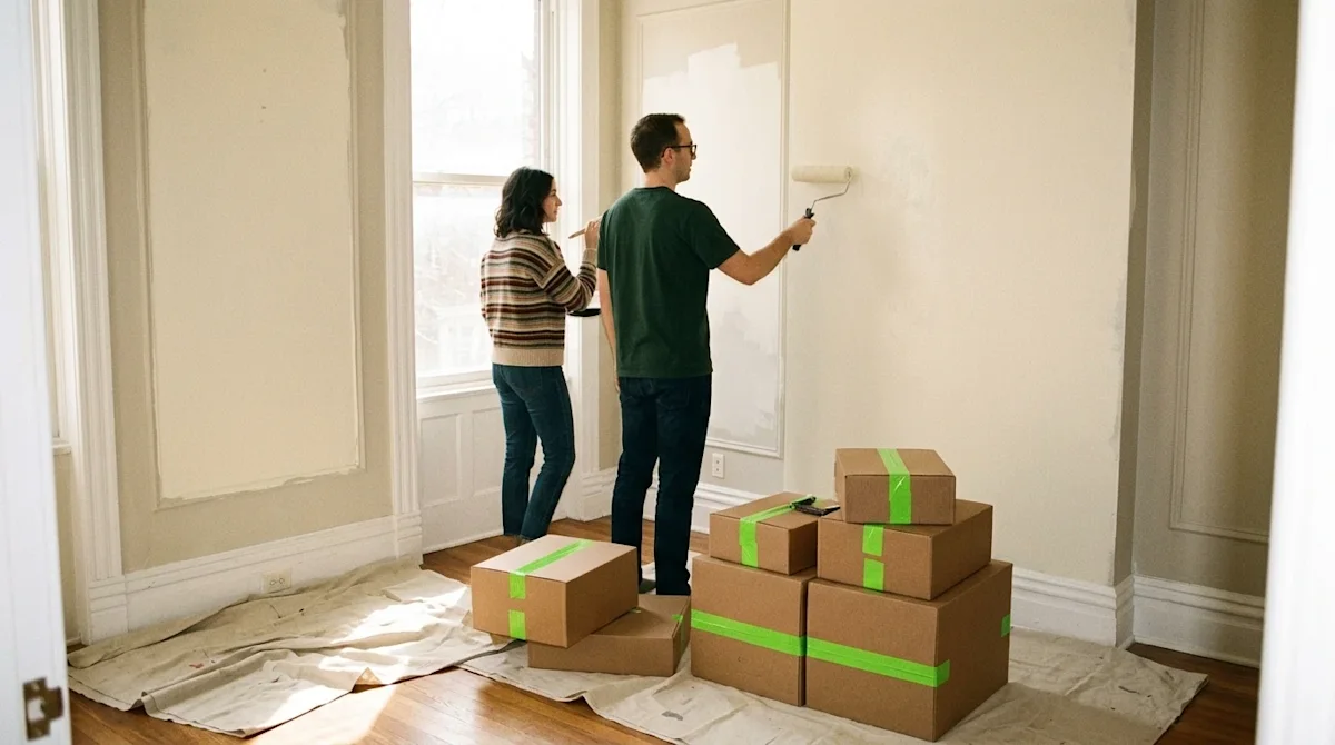 Candid 35mm lifestyle photography of a young couple painting the wall of a charming, historic St. Louis home interior. The im