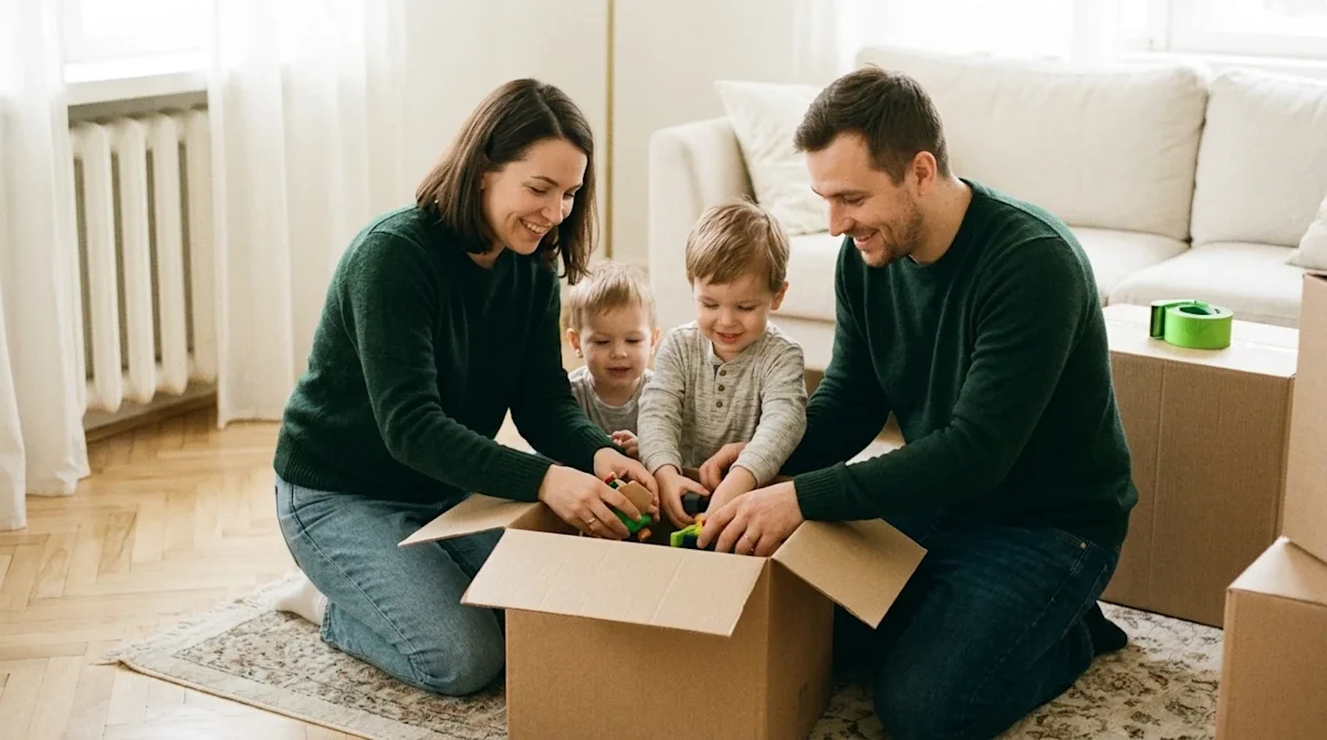 Candid lifestyle photography shot on 35mm film, warm natural lighting, soft nostalgic grain. A family with a mother, father,