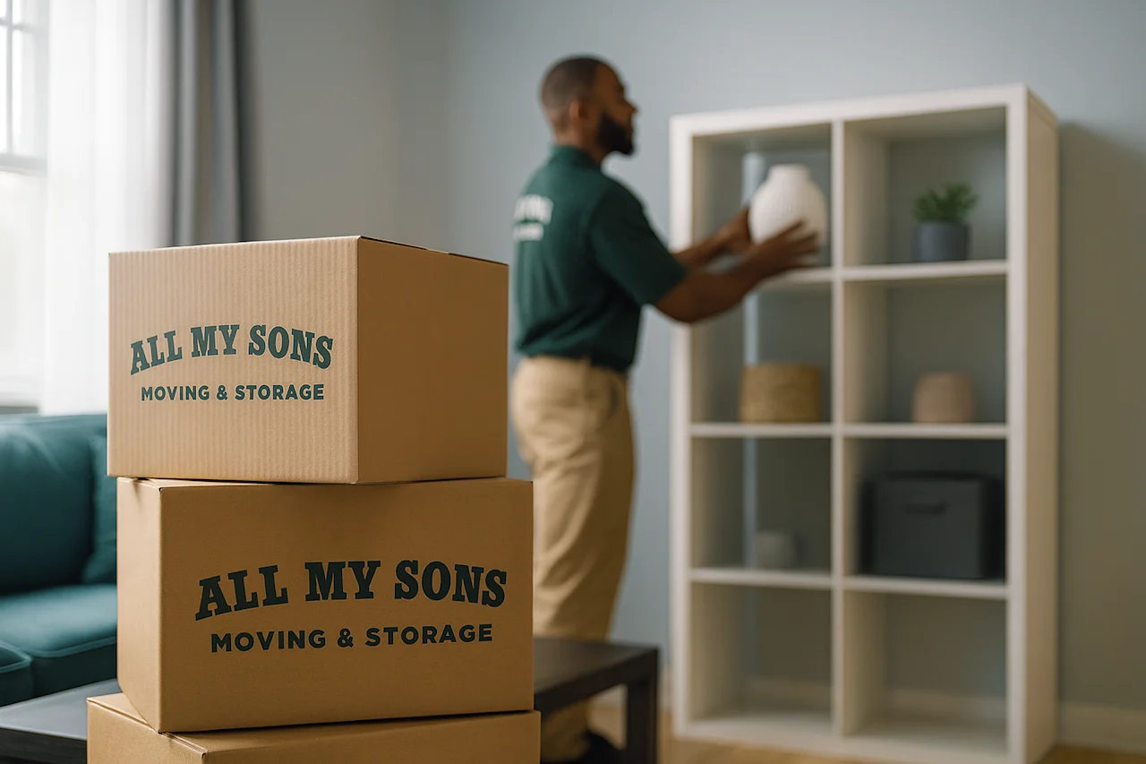 A professional All My Sons mover carefully places home decor, showcasing our trusted packing service. Experience stress-free residential moving & storage.
