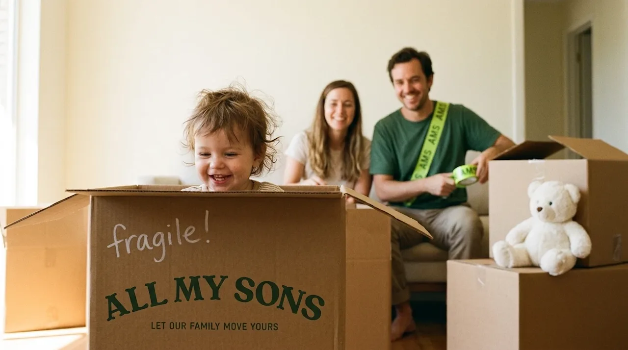 Clear, professional lifestyle marketing photography capturing an authentic, low-stress family moving day. In a brightly lit,