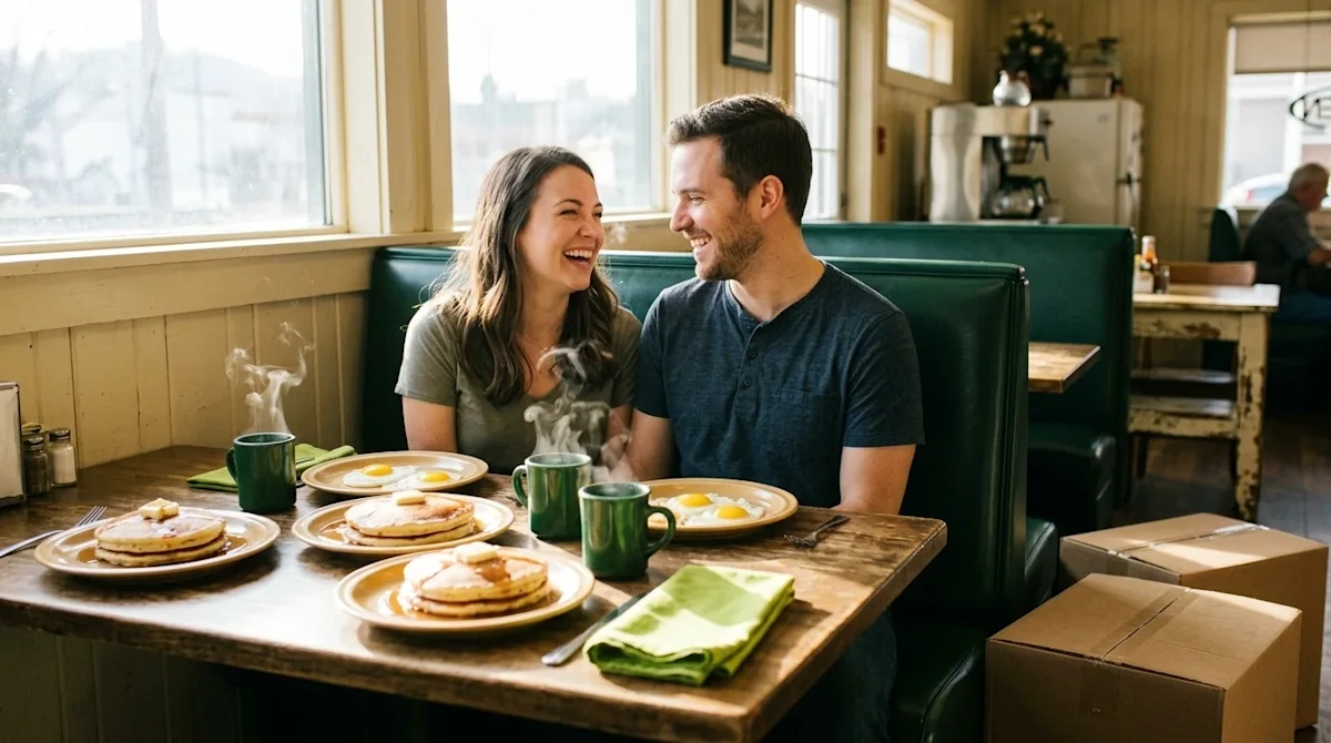 Professional marketing photography of a happy couple enjoying a delicious, hearty breakfast at a cozy, sunlit restaurant in K