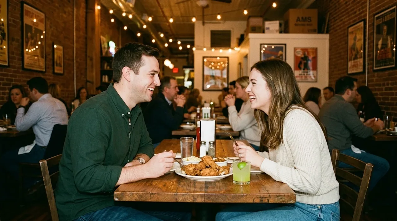 Wide shot, authentic candid lifestyle photography of a happy couple enjoying a meal at a cozy, vibrant Nashville restaurant.