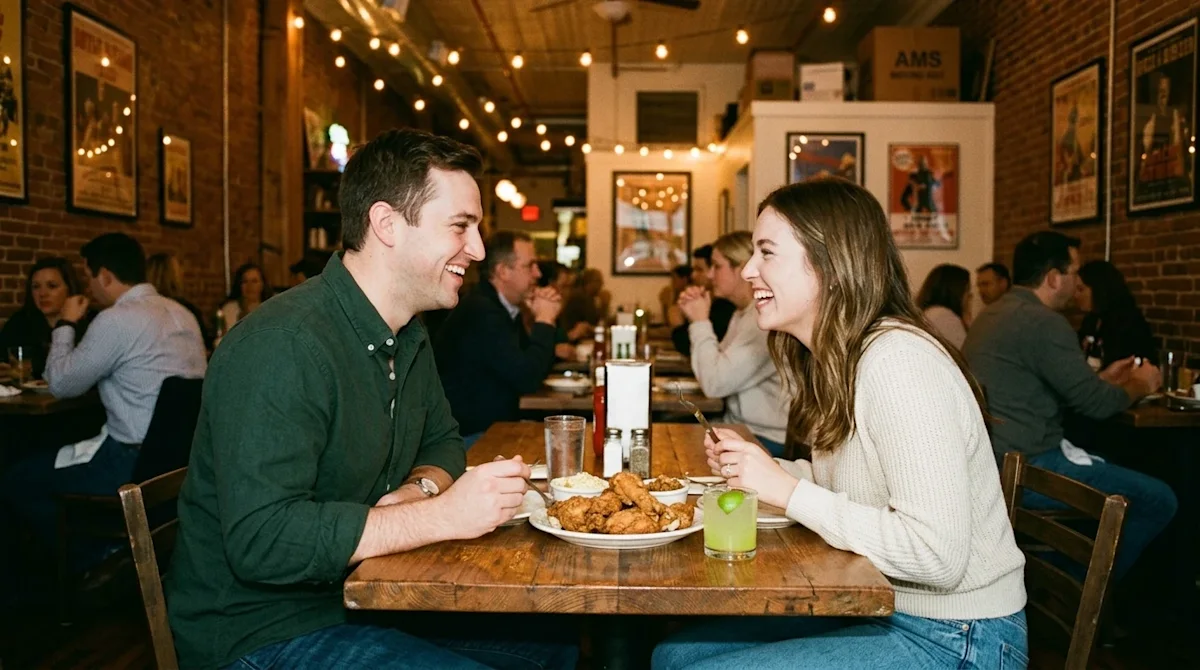 Wide shot, authentic candid lifestyle photography of a happy couple enjoying a meal at a cozy, vibrant Nashville restaurant.