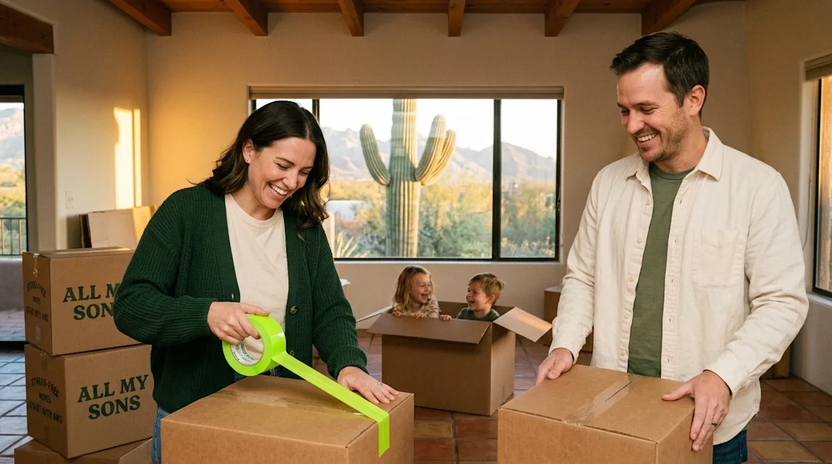Candid lifestyle photography of a happy family moving into their new sunlit home in Tucson, Arizona. A smiling mother and fat
