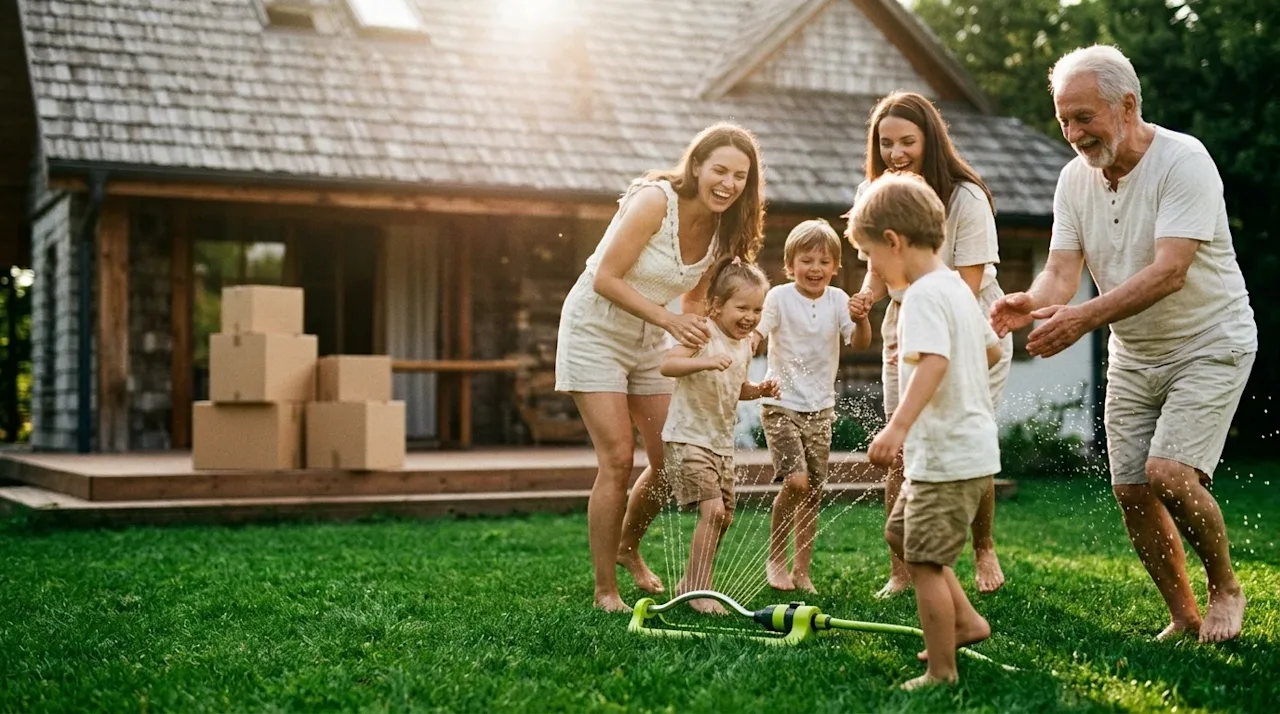 Candid lifestyle photograph of a joyful family cooling off on a hot summer day by running through a bright lime-green garden
