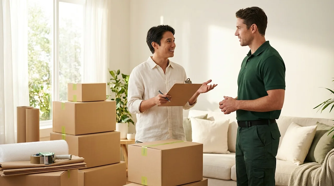 A professional mover in a green uniform consulting with a homeowner in a bright room filled with moving boxes.