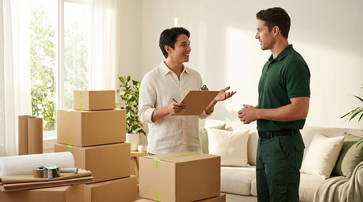 A professional mover in a green uniform consulting with a homeowner in a bright room filled with moving boxes.