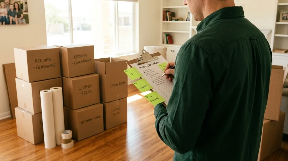 A candid, high-quality 35mm film style photograph of a well-organized home packing process. Warm, bright natural sunlight str