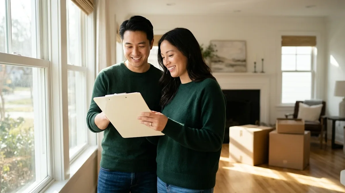 Professional marketing photography of a smiling, relaxed couple in a bright, airy traditional-modern home living room, active