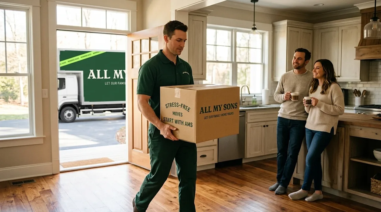 A candid, warm lifestyle photograph showing the stress-free benefits of hiring professional movers. Inside a sunlit, welcomin